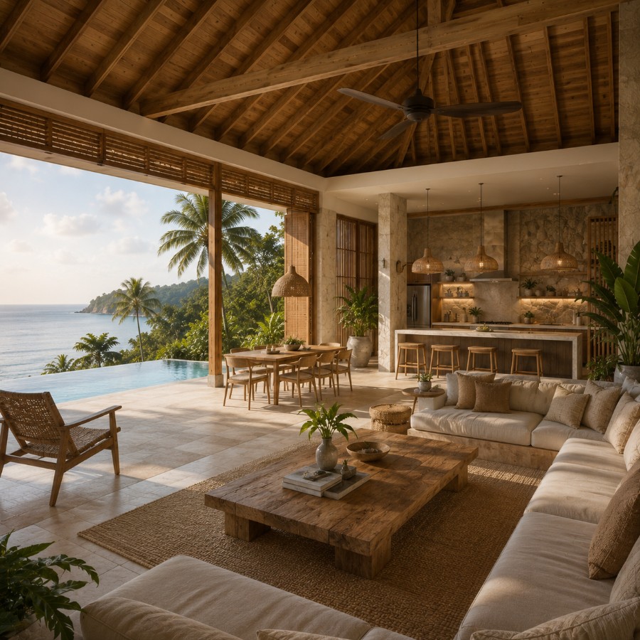 Open-air living pavilion overlooking the jungle