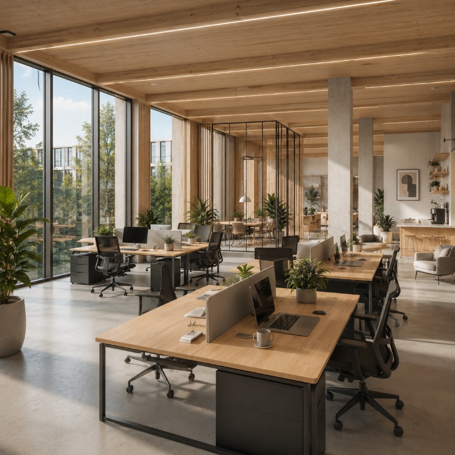 Open-plan office floor with full-height glazing