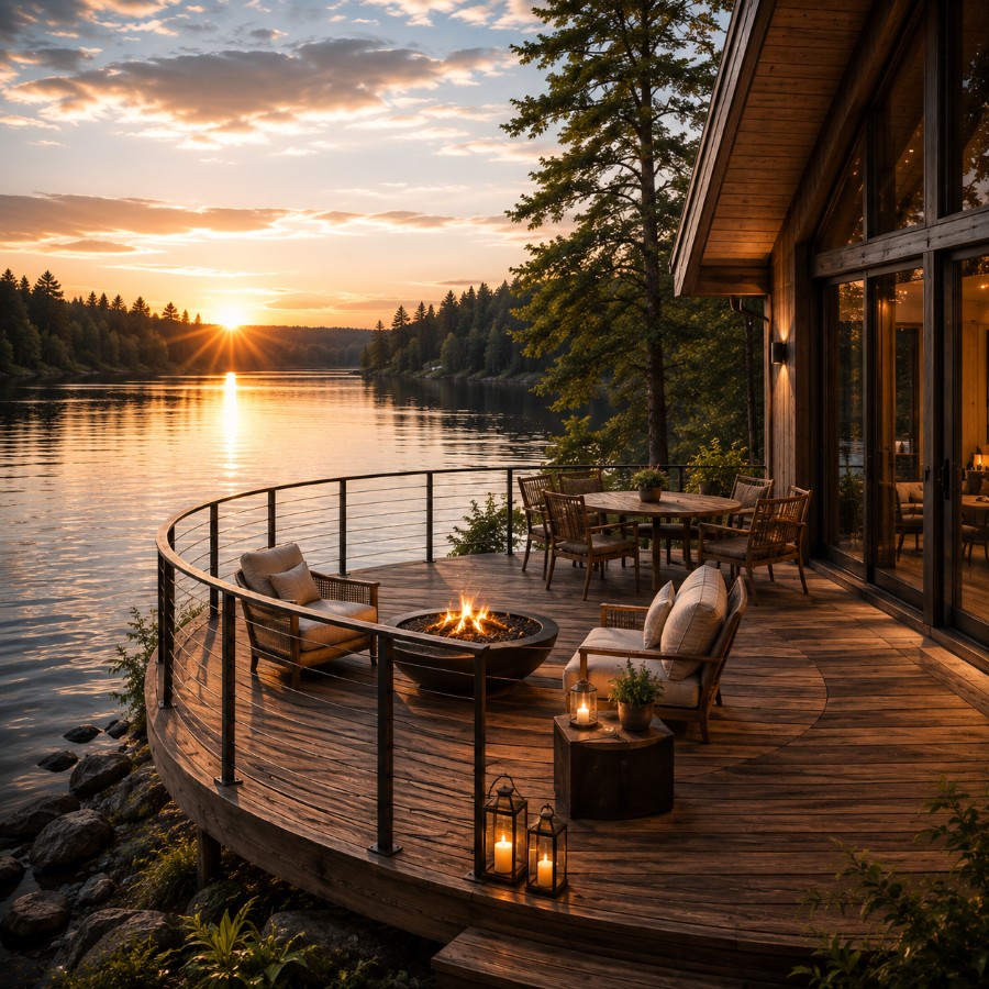 Living room with lake views through large windows