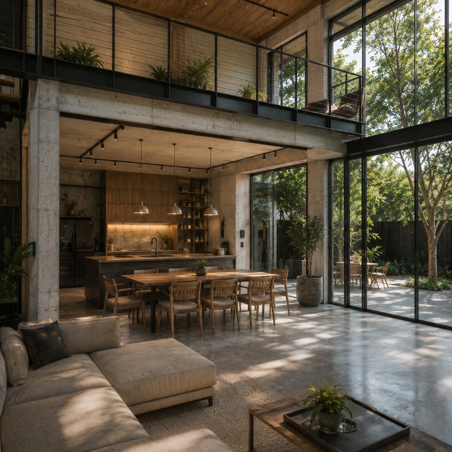 Interior view through full-height glazing to garden